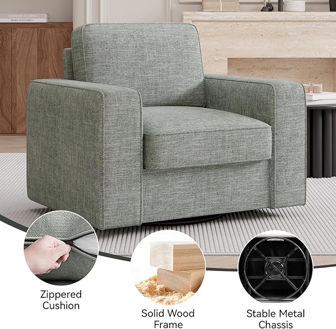 Swivel Accent Sofa Chair, Modern Comfy Oversized Upholstered Cushion Back Armchair in Linen 1pcs for Living Room, Bedroom, Reading Room(Gray)