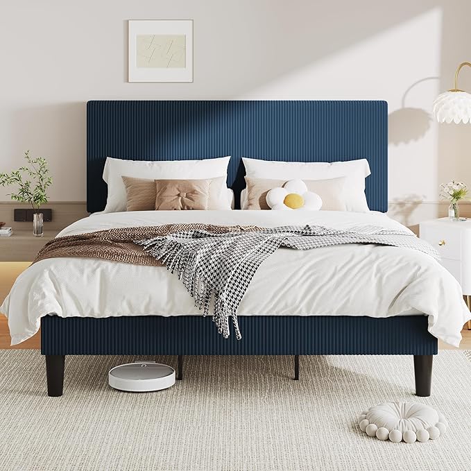 Allewie King Size Upholstered Bed Frame with Vertical Channel Tufted Headboard, Soft Corduroy Fabric Platform Bed, Strong Wooden Slats Support, Easy Assembly, No Box Spring Needed, Dark Blue