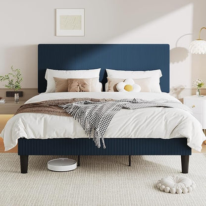 Allewie King Size Upholstered Bed Frame with Vertical Channel Tufted Headboard, Soft Corduroy Fabric Platform Bed, Strong Wooden Slats Support, Easy Assembly, No Box Spring Needed, Dark Blue