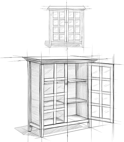 SIMPLIHOME Acadian Storage Cabinet - 39 inch Wide Solid Wood 4-Shelf Display Cabinet in Natural Aged Brown, Transitional Cupboard for Living Room or Dining Room with Glass Doors and Adjustable Shelves
