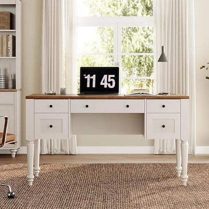 WAMAPT Farmhouse Executive Desk with 5 Drawers, Home Office Desk with Charging Station, Wood Computer Desk with File Cabinet Storage, Door, Open Shelf for Work and Study, White, 55 inch