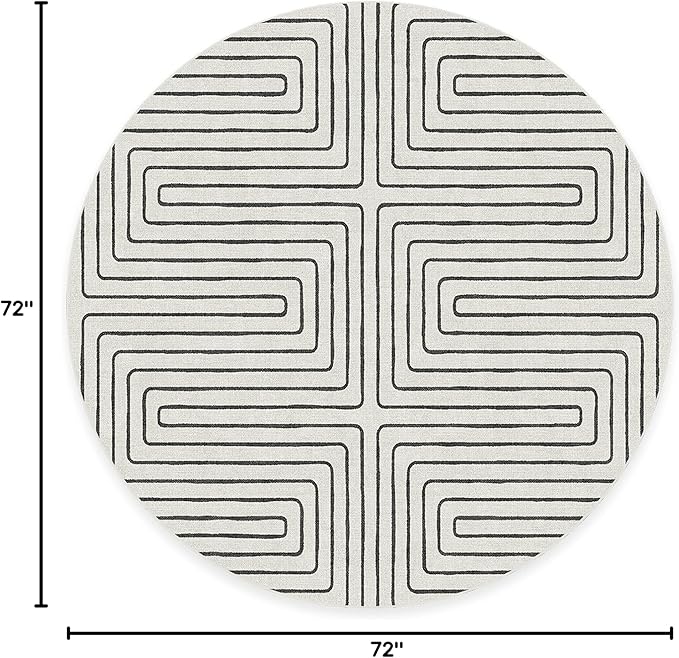 RUGGABLE x Jonathan Adler Machine Washable Area Rug – Labyrinth Black/Ivory 6 ft Round, Stain-Resistant, Non-Slip – Medium Rugs for Living Room, Bedroom, Hallway, Entryway & Office–with Standard Pad