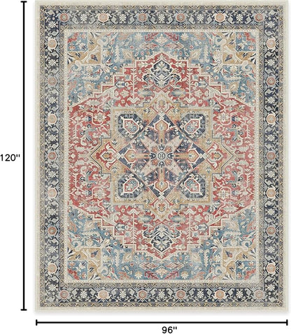 RUGGABLE Washable Vintage Area Rug – Kamran Cayenne Red 8x10, Stain-Resistant, Non-Slip – Large Machine Washable Rugs for Living Room, Bedroom, Hallway, Entryway & Office–with Standard Pad