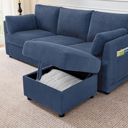 Corduroy Storage Ottoman for Living Room Sofas Couches, Square Ottoman with Storage Space Foot Rest Stool for Apartment, Dorm, Entryway, Navy Blue