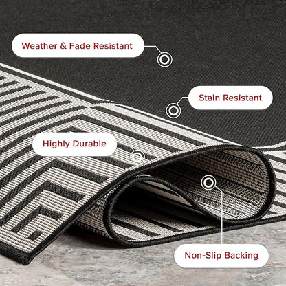 nuLOOM 8' x 10' Outdoor Area Rug, Casual Design With Striped Border, Stain Resistant, Highly Durable, For Patio, Balcony, Bedroom, Living Room, Dining Room, Bathroom, Black