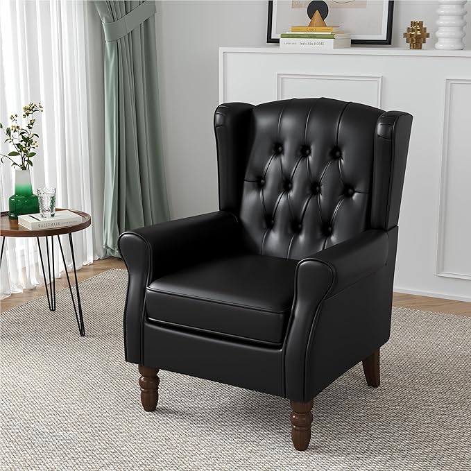 High Back Accent Chair, Faux Leather High Wingback Chair for Living Room, Button-Tufted Upholstered Armchair with Solid Wood Legs, Comfy Single Sofa Reading Chair for Bedroom, Black