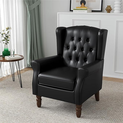 High Back Accent Chair, Faux Leather High Wingback Chair for Living Room, Button-Tufted Upholstered Armchair with Solid Wood Legs, Comfy Single Sofa Reading Chair for Bedroom, Black