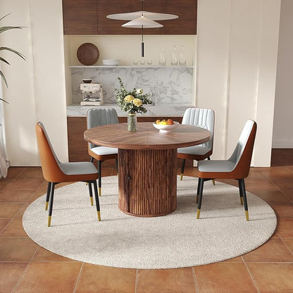5 Piece Dining Table Set with Two Storage, 47" Round Dining Table Set for 4 with PU Leather Chairs, Round Kitchen Table and Chairs for 4 with 1.7” Thick Wood Top, Roman Column Pedestal, Space-Saving