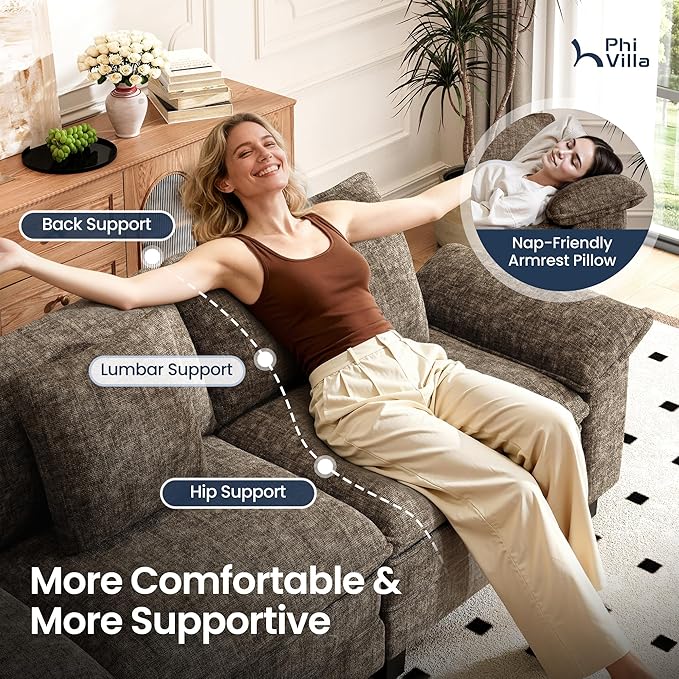 PHI VILLA Modern Modular Couches Sets, 123.6" Cloud Sectional Sofa with Upholstered Deep Seat, 3-Seater Couch for Living Room Small Spaces, Chenille Fabric, Taupe