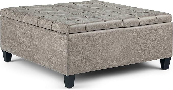SIMPLIHOME Harrison 36 inch Wide Transitional Square Coffee Table Storage Ottoman in Distressed Grey Taupe Vegan Faux Leather, Assembled, For the Living Room and Bedroom
