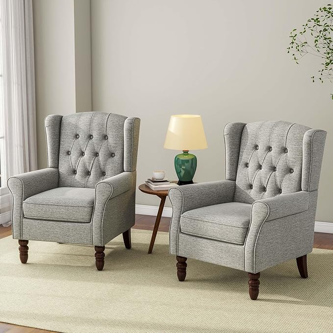 Accent Chair, Upholstered Armchair with Button Tufted High Back & Solid Wood Legs, Comfy Wingback Reading Single Sofa Chair for Small Spaces, Living Room, Bedroom (Grey, Set of 1)