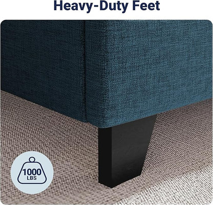 Allewie Queen Size Platform Bed Frame with Wingback, Fabric Upholstered Square Stitched Headboard and Wooden Slats, Mattress Foundation, Box Spring Optional, Easy Assembly, Dark Blue