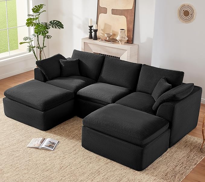 112" Cloud Sectional Couch, Boneless Couches for Living Room, U Shaped Couch with Convertible Ottoman, Modular Sectional Sofa with Deep Seat, Comfy Soft Cushions, No Assembly, Black