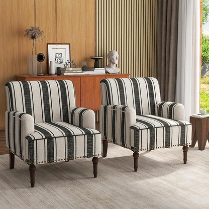 UIXE Stripe Accent Chairs Set of 2, Living Room Arm Chair Modern Nailhead Trim Club Armchair, Comfy Upholstered Sofa Lounge Seat Reading Seat Bedroom Side Seating for Home Office, Black