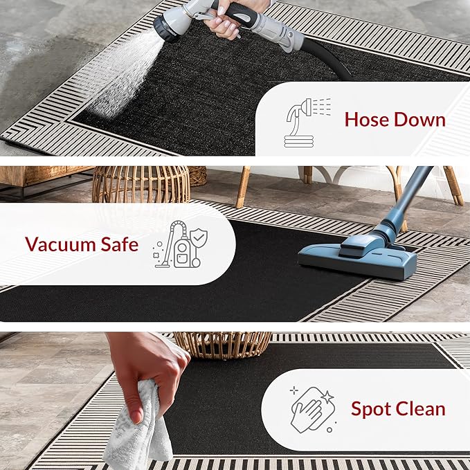 nuLOOM 8' x 10' Outdoor Area Rug, Casual Design With Striped Border, Stain Resistant, Highly Durable, For Patio, Balcony, Bedroom, Living Room, Dining Room, Bathroom, Black