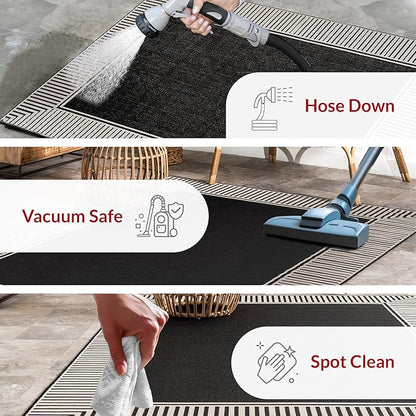 nuLOOM 8' x 10' Outdoor Area Rug, Casual Design With Striped Border, Stain Resistant, Highly Durable, For Patio, Balcony, Bedroom, Living Room, Dining Room, Bathroom, Black