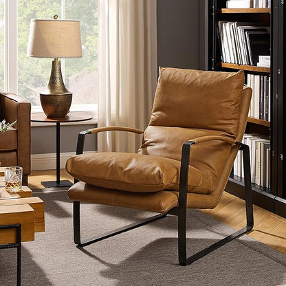 Art Leon Genuine Leather Accent Chair, Mid Century Modern Living Room Chair Lounge Chair with Black Metal Frame, Light Brown