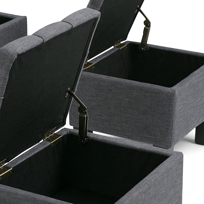 SIMPLIHOME Dover 44 inch Wide Contemporary Rectangle 3 Pc Storage Ottoman in Slate Grey Linen Look Fabric, Assembled, For the Living Room, Entryway and Family Room