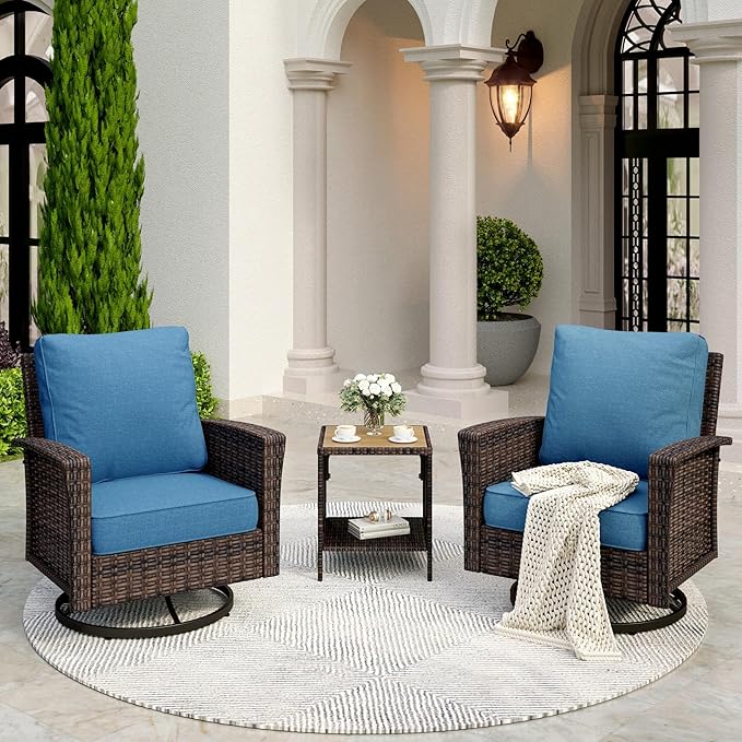 Patio Wicker Swivel Chairs Set of 2, Outdoor High Back Chairs with 5.5" Waterproof Cushions and Side Table, Outdoor Furniture Set for Deck Porch and Yard, Peacock Blue