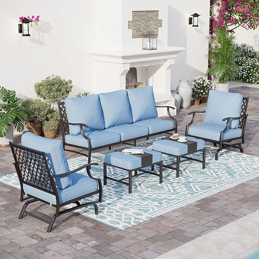 7 Piece Metal Outdoor Patio Furniture Set, Patio Conversation Sets 3-seater Sofa, 2 Rocking Chair, 2 Ottomans with 5.75" Thick Cushion, Black All-weather Frame Backyard Furniture, Blue