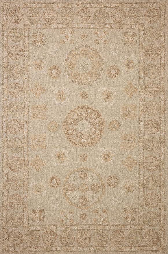 Loloi Chris Loves Julia Dorothea Collection DRT-03 Dove/Natural 7'-9" x 9'-9" Area Rug Wool Neutral Floral Living Room Bedroom Carpet