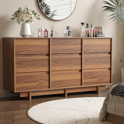 Walnut Dresser for Bedroom, 59" Wide 9 Drawer Dresser, Mid Century Modern Dressers Chest of Drawers, Wooden Large Dressers for Bedroom, Closet