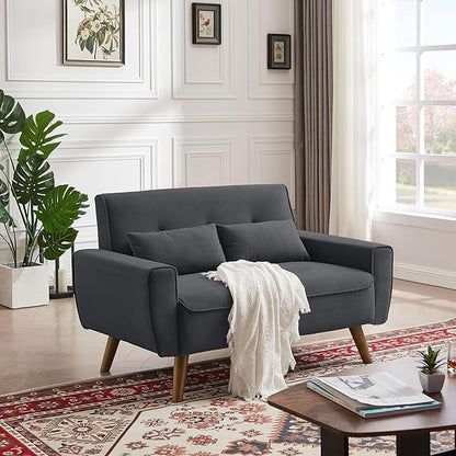 48" Small Loveseat Sofa, Mid Century Modern Love Seat with Back Cushions and Plastic Legs, 2 Seater Couches for Living Room, Bedroom, Small Spaces, Dark Grey