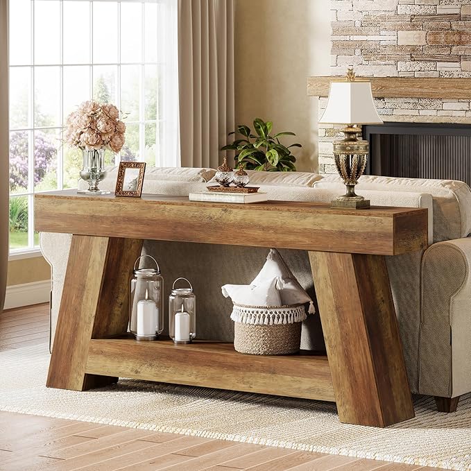Tribesigns 70.9" Extra Long Console Table, Farmhouse 2-Tier Wooden Sofa Table, Rustic Entryway Tables with Open Storage Shelf for Entrance, Hallway, Living Room (Rustic Brown)