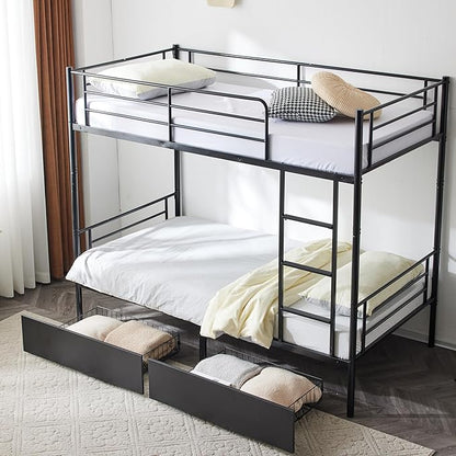 Karl home Black Bunk Bed Twin Over Twin with 2 Storage Drawers, Metal Bunk Bed with Built-in Ladder and Safety Guardrail, Space-Saving Twin Bunk Beds for Kids, Teens & Adults, No Box Spring