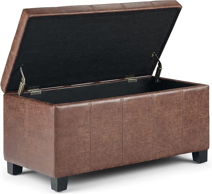 SIMPLIHOME Dover 36 inch Wide Contemporary Rectangle Storage Ottoman Bench in Distressed Umber Brown Vegan Faux Leather, Assembled, For the Living Room, Entryway and Family Room