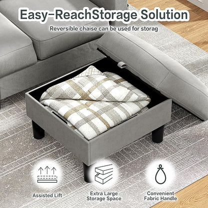 JY QAQA Convertible Sectional Sofa with 3-Seater Sofa, L-Shaped Ottoman Couch with Modern Linen for Apartment, Small Living Room and Small Space (Light Grey)