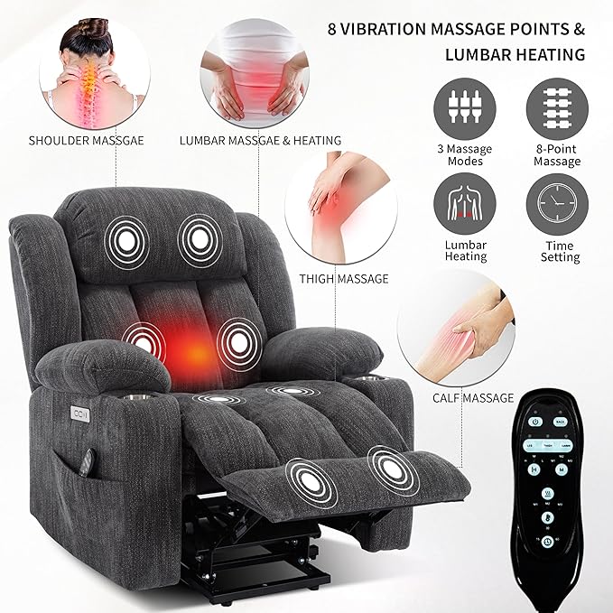 Electric Power Lift Chair, Chenille Recliner Massage Chair Living Room Furniture with 8-Point Vibration Massage and Lumbar Heating, USB and Type-C Ports, Cup Holders - Grey