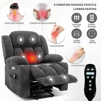 Electric Power Lift Chair, Chenille Recliner Massage Chair Living Room Furniture with 8-Point Vibration Massage and Lumbar Heating, USB and Type-C Ports, Cup Holders - Grey