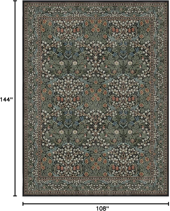 RUGGABLE x Morris & Co Washable Area Rug– Blackthorn Forest Green 9x12, Stain-Resistant, Non-Slip – Large Machine Washable Rugs for Living Room, Bedroom, Hallway, Entryway & Office–with Cushioned Pad