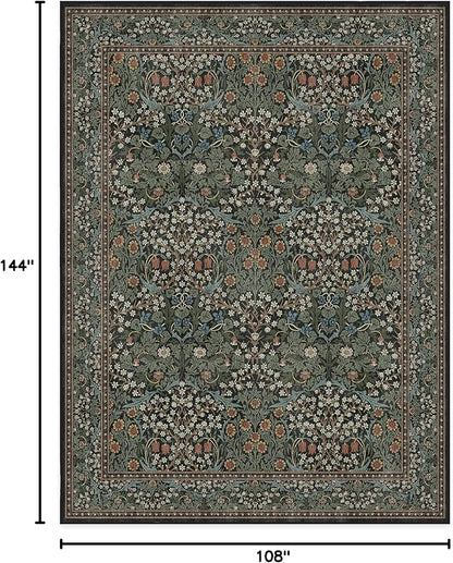 RUGGABLE x Morris & Co Washable Area Rug – Blackthorn Forest Green 9x12, Stain-Resistant, Non-Slip – Large Machine Washable Rugs for Living Room, Bedroom, Hallway, Entryway & Office–with Standard Pad