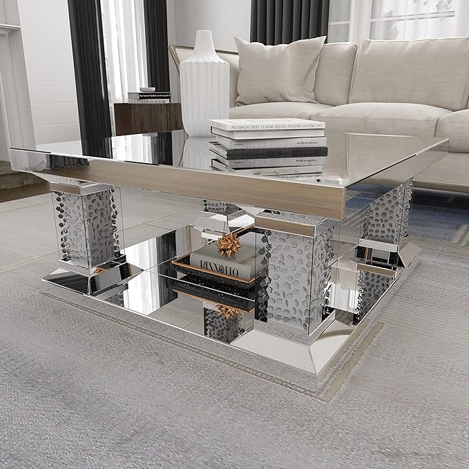 Deco 79 Wood Mirrored Coffee Table with Crystal Embellishments, 39" x 39" x 18", Silver