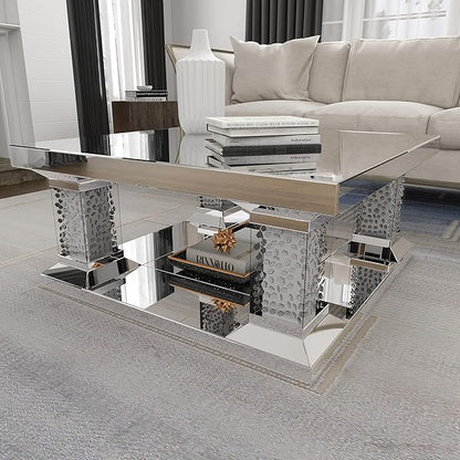 Deco 79 Wood Mirrored Coffee Table with Crystal Embellishments, 39" x 39" x 18", Silver