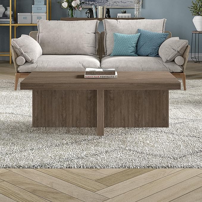 Henn&Hart 44" Fluted Rectangular Wood Pedestal Low-Profile Coffee Table for Living Room, Family Room or Office, Antiqued Gray Oak