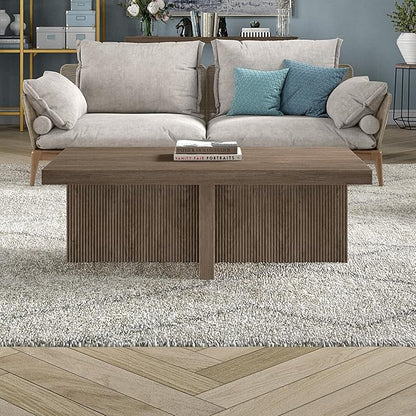 Henn&Hart 44" Fluted Rectangular Wood Pedestal Low-Profile Coffee Table for Living Room, Family Room or Office, Antiqued Gray Oak