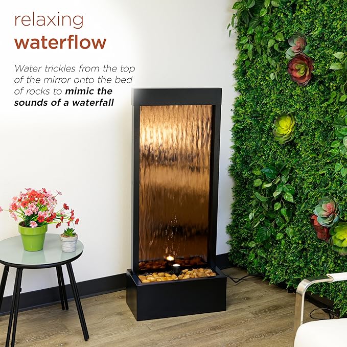 Alpine Corporation - Mirror Waterfall Fountain with Stones & Lights - Zen Indoor/Outdoor Decor for Office, Living Room, Patio, Entryway - 48 Inches (Bronze)