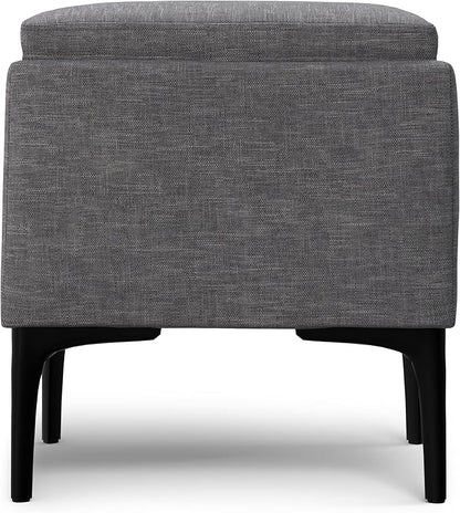 SIMPLIHOME Natasha 18 inch Wide Mid Century Square Mid Century Storage Ottoman with Tray in Slate Grey Polyester Linen, Assembled, For the Living Room, Entryway and Family Room