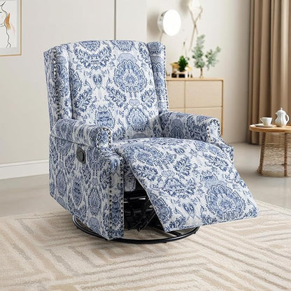 UIXE Swivel Rocker Manual Recliner Chairs Set of 2, Wingback Swivel Glider Fabric Nursery Reclining Sofa Chair, High Back Upholstered Arm Chair for Living Room Bedroom - Navy Floral