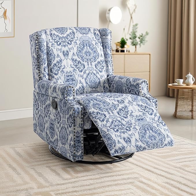 UIXE Swivel Rocker Manual Recliner Chair, Wingback Swivel Glider Fabric Nursery Reclining Sofa Chair, High Back Upholstered Arm Chair for Living Room Bedroom - Navy Floral