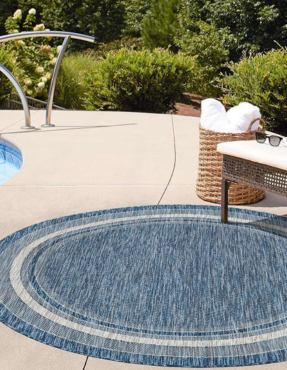 Unique Loom Outdoor Border Collection Area Rug - Soft Border (13' Round, Blue/ Ivory)