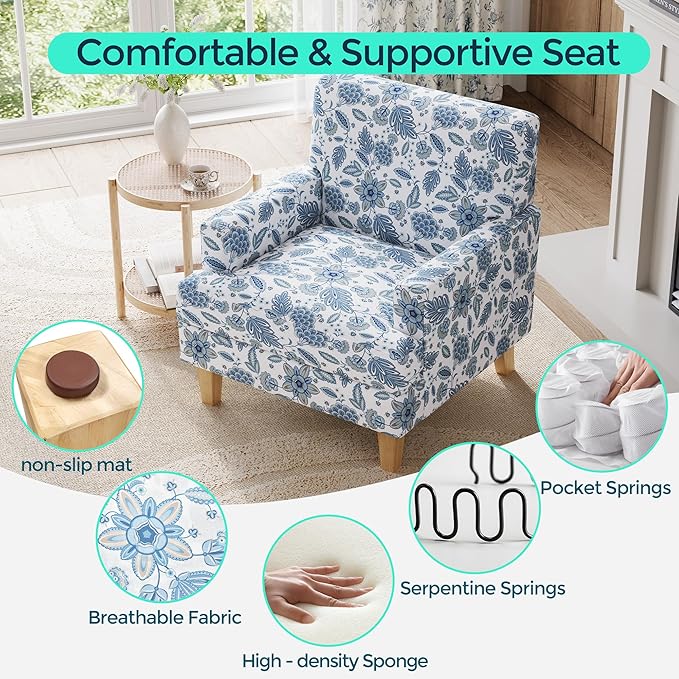 LINSY Floral Accent Chair, Large Armchair with Rubberwood Legs, Mid Century Upholstered Reading Chair, Comfy Oversized Single Sofa Chair for Living Room Bedroom Office Study, Floral Blue