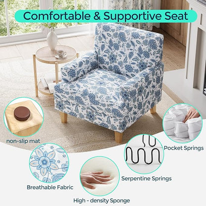 LINSY Floral Accent Chair, Large Armchair with Rubberwood Legs, Mid Century Upholstered Reading Chair, Comfy Oversized Single Sofa Chair for Living Room Bedroom Office Study, Floral Blue