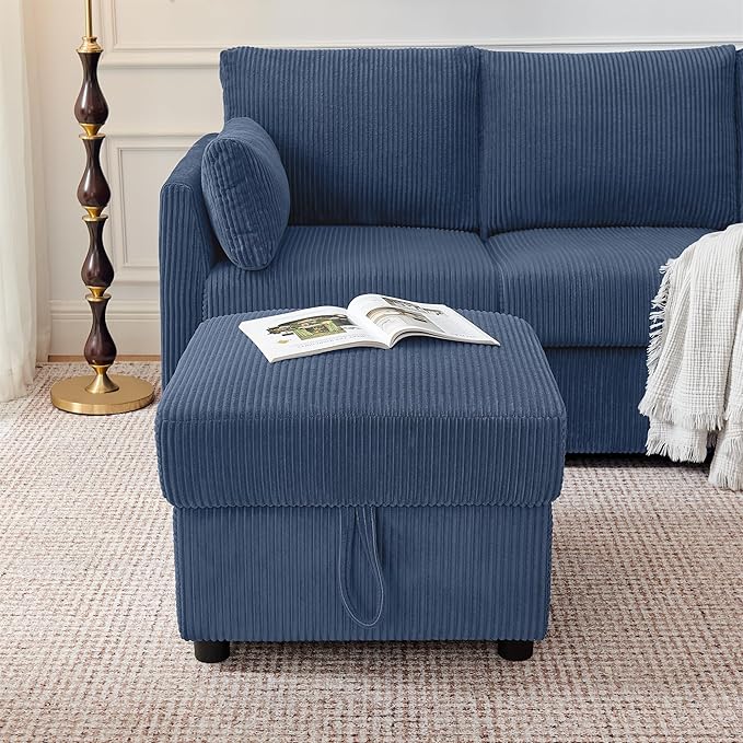 Corduroy Storage Ottoman for Living Room Sofas Couches, Square Ottoman with Storage Space Foot Rest Stool for Apartment, Dorm, Entryway, Navy Blue