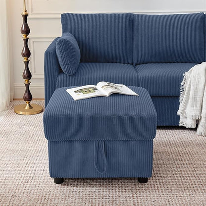 Corduroy Storage Ottoman for Living Room Sofas Couches, Square Ottoman with Storage Space Foot Rest Stool for Apartment, Dorm, Entryway, Navy Blue