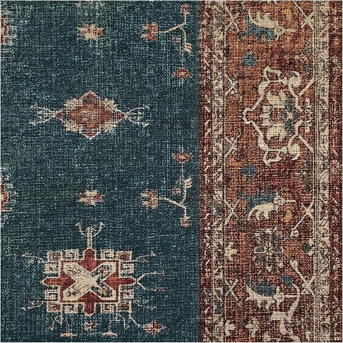 RUGGABLE Washable Vintage Area Rug – Verena Teal Blue 4x6, Stain-Resistant, Non-Slip – Medium Machine Washable Rugs for Living Room, Bedroom, Hallway, Entryway & Office–with Standard Pad