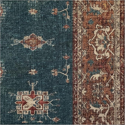 RUGGABLE Washable Vintage Area Rug – Verena Teal Blue 3x5, Stain-Resistant, Non-Slip – Small Machine Washable Rugs for Living Room, Bedroom, Hallway, Entryway & Office–with Standard Pad